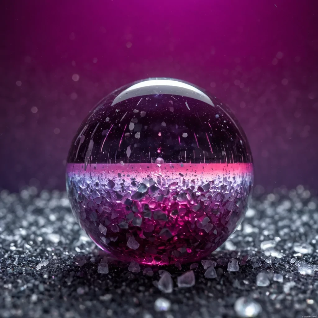 A hyperrealistic, extreme macro photograph of a single, perfect sphere of liquid mercury resting on a surface of coarse, white salt crystals. The mercury sphere is not reflective, but internally illuminated by a soft, pulsating magenta glow that seems to breathe. Suspended within the liquid metal are hundreds of microscopic, perfectly transparent cubes made of diamond, each rotating slowly at different speeds, creating a complex, threedimensional lattice of light refractions. The surrounding salt crystals are sharp and jagged, catching the magenta light and casting tiny, colorful prisms across the immediate foreground. The depth of field is incredibly shallow, blurring the distant background into a smooth, outoffocus gradient of deep indigo and black, while the central sphere remains