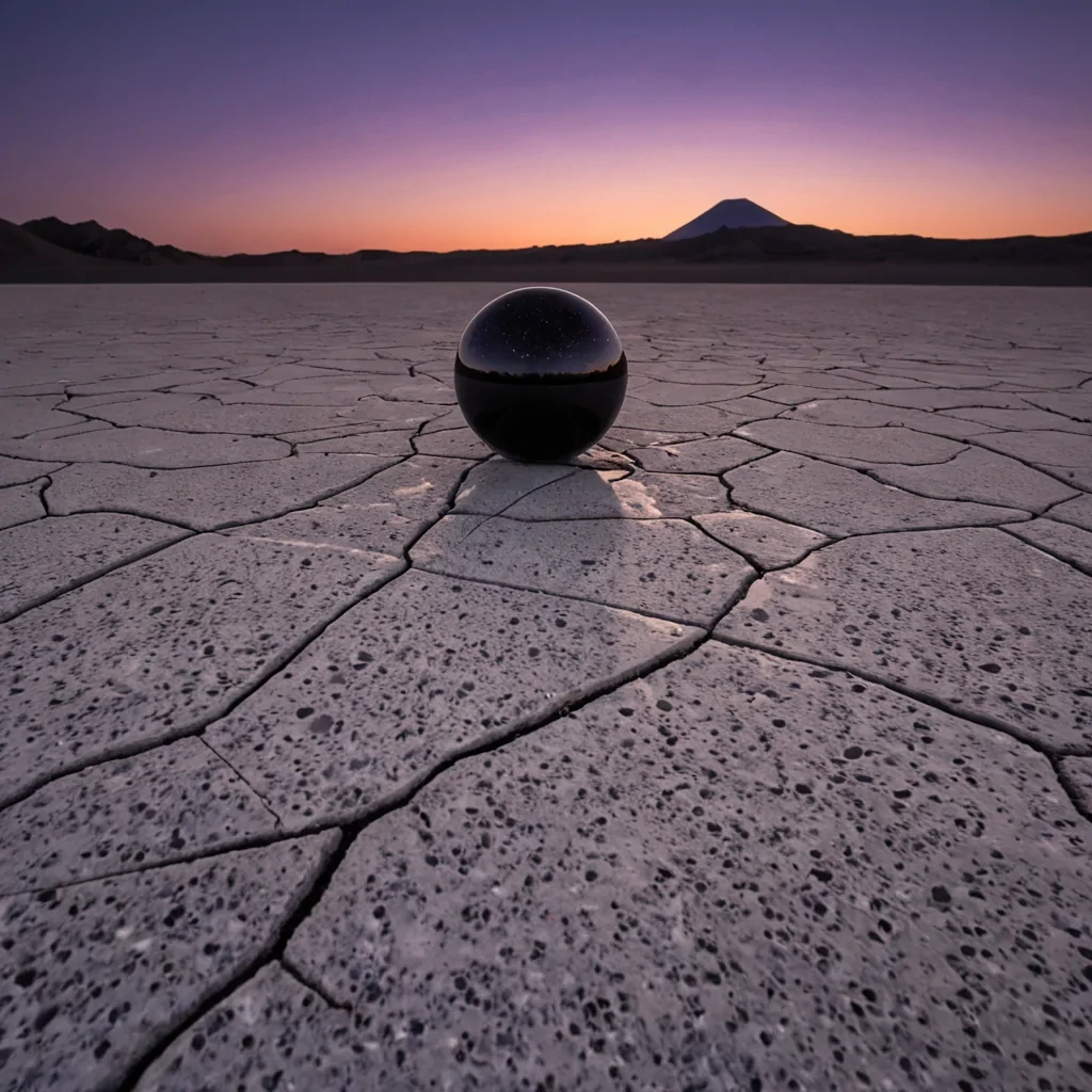 A wideangle, cinematic shot of a vast, silent desert composed entirely of fine, crushed black glass sand, stretching to a horizon where the sky is a deep, twilight violet. In the foreground, a single, massive, upright slab of raw, unpolished white marble stands perfectly vertical, its surface etched with thousands of tiny, precise, hollow channels that run from top to bottom. Inside these channels, thin streams of clear, viscous oil flow downwards, catching the lowangle sunlight and refracting it into sharp, prismatic shards of red and orange that cast complex, geometric patterns across the glass sand. Resting at the base of the marble slab is a single, pristine, matte black sphere made of dense, porous volcanic rock,