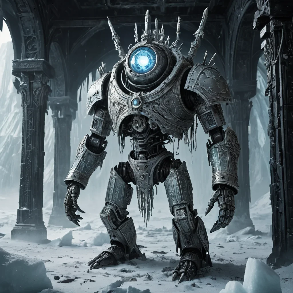 An enigmatic, colossal, ancient automaton, its obsidian, gearencrusted form towering over a desolate, frostkissed tundra, stands as a silent, mechanical guardian. The automatons colossal, dormant crystal eye, a labyrinth of interlocking, iridescent facets, casts dynamic, ethereal shadows across the icy expanse, revealing intricate, ancient runes etched into the weathered, snowkissed metal surface. Within, a spectral figure, clad in a tattered, vintage explorers parka, drifts through the desolate, luminescent interior, their form composed of swirling, snowkissed motes of light. Ultra HD, cin