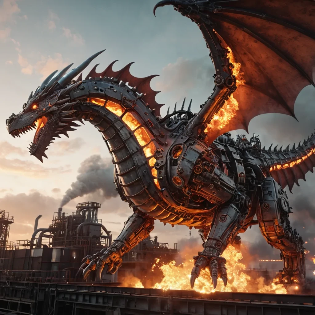 A colossal, mechanical dragon soars through a smogladen industrial sky, its gears and pistons glowing with fiery intensity, hyperrealistic, 4K, cinematic lighting, volumetric lighting, atmospheric effects, dynamic lighting, bokeh effect, soft focus, lens flare, smoky grays, fiery oranges, and molten reds, detailed textures.