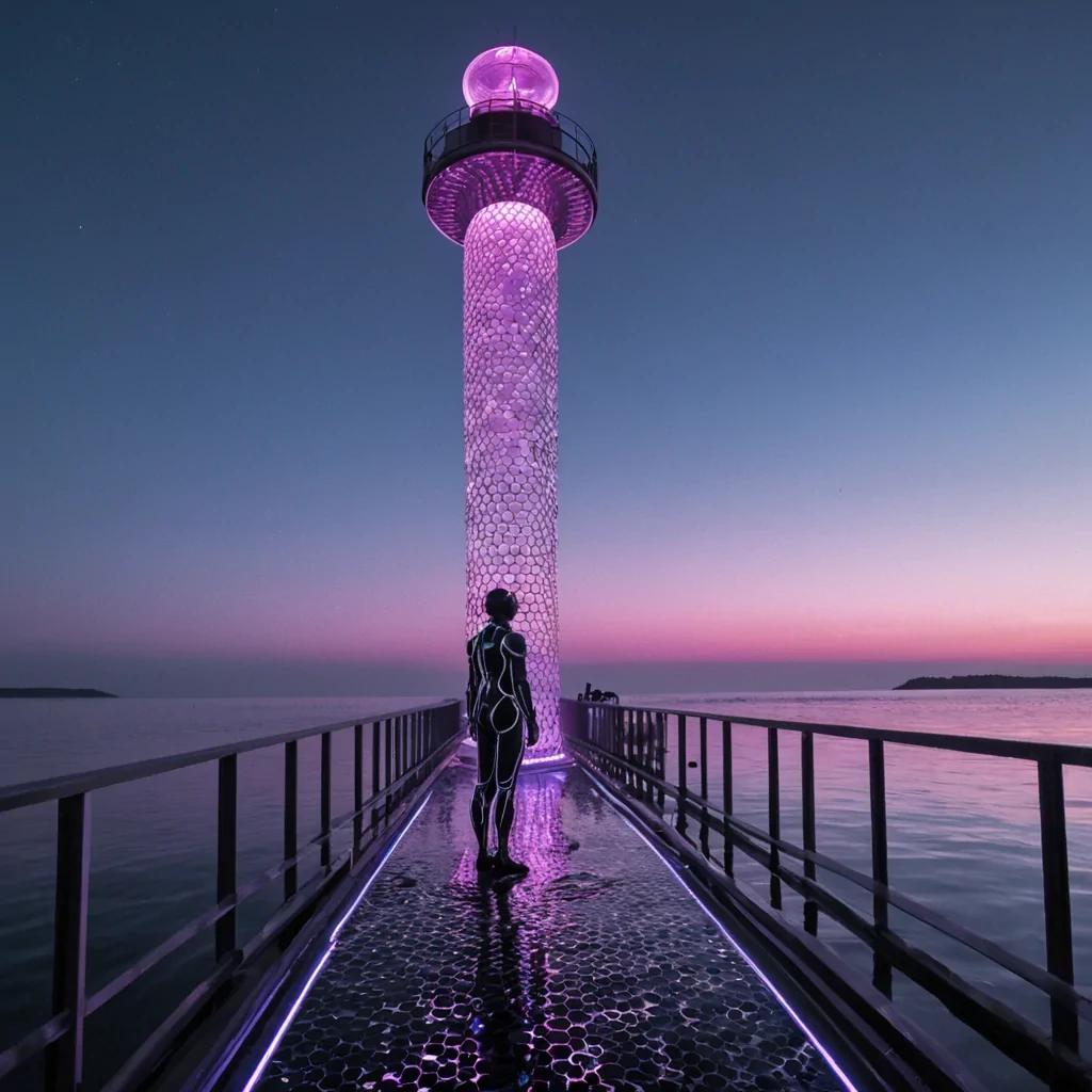 A horizontal, eyelevel wide shot of a towering, spiraling lighthouse constructed from interlocking hexagonal honeycomb cells made of frosted, milkywhite quartz, situated on the edge of a vast, flat expanse of iridescent oilslick water under a twilight sky streaked with neon magenta and electric blue. The lighthouse beam is not light, but a solid, rotating column of compressed sound waves that distort the air into visible, rippling concentric circles of silver mist. In the foreground, a figure wearing a sleek, modular exoskeleton suit made of matte black carbon fiber and translucent polycarbonate panels stands on a narrow, floating walkway of suspended magnetic levitation pads, holding a large, brass tuning fork