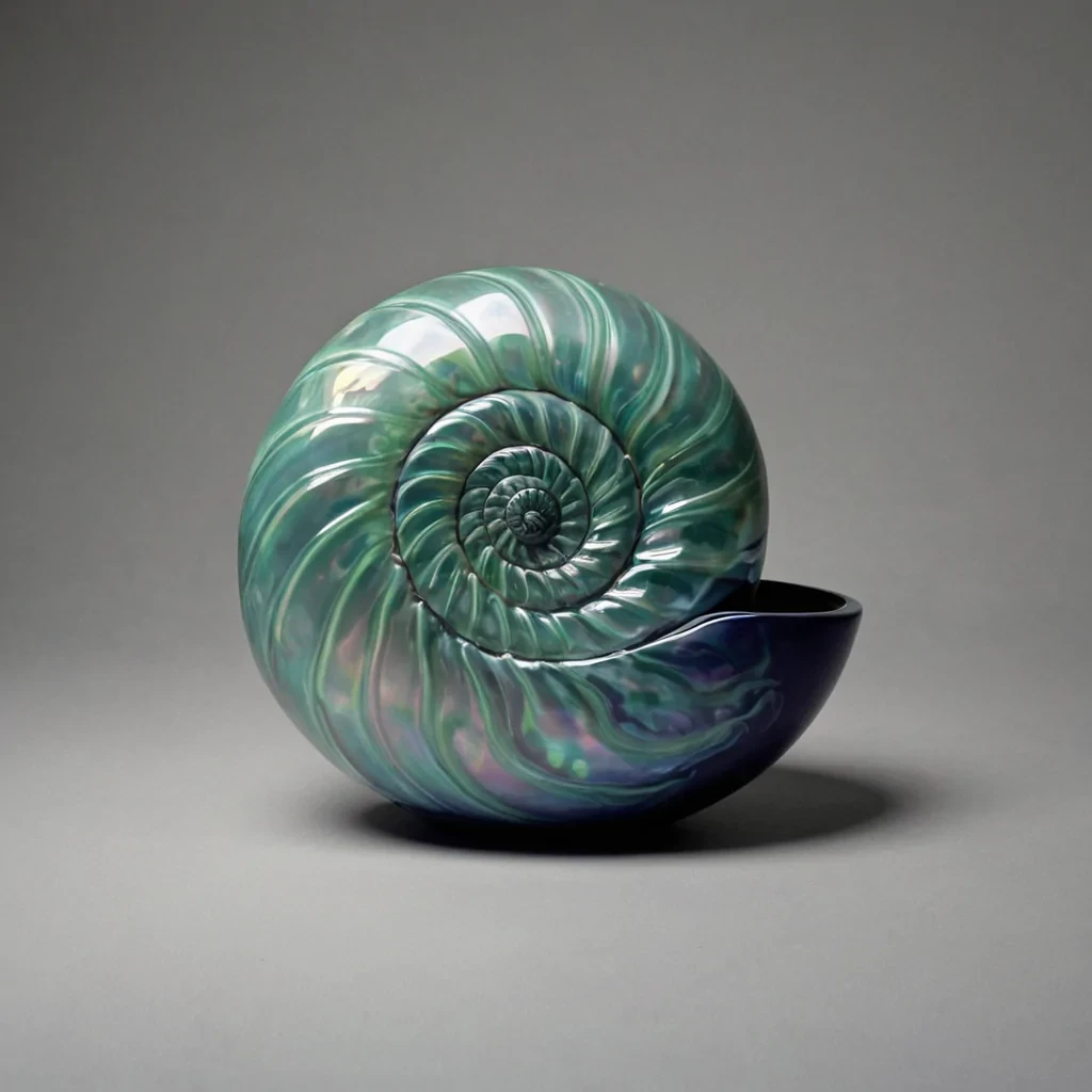 A seamless, continuous, singlepotterystyle ceramic vessel shaped like a spiraling nautilus shell, resting on a flat, matte black surface in a minimalist studio setting. The shell is constructed from layers of translucent, iridescent opalescent glass that shifts color from deep indigo to pale mint green depending on the angle of light. Inside the central chamber of the shell, instead of water, is a dense, static suspension of thousands of tiny, perfectly spherical, matte white pearls that float in perfect zerogravity alignment, each pearl containing a microscopic, rotating, golden gear mechanism visible through its translucent surface. The lighting is soft and diffused, coming from a single, large, softbox light source positioned directly above, creating a subtle