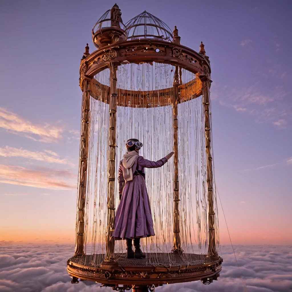 A vertical, eyelevel medium shot of a massive, suspended loom constructed from interlocking rings of polished mahogany and silver gears, floating in a vast, cloudfilled sky at dawn. The loom is weaving a tapestry made not of thread, but of solidified beams of golden sunlight and strands of iridescent silk, creating a shimmering curtain that drifts on the wind. In the foreground, a figure wearing an elaborate, Victorianstyle aviator outfit with leather goggles and a flowing, creamcolored scarf stands on a small, openair platform, carefully guiding a shuttle of molten glass through the weave. The background features a soft, pastel sky of peach and lavender hues, with distant, floating islands of mosscovered stone visible through