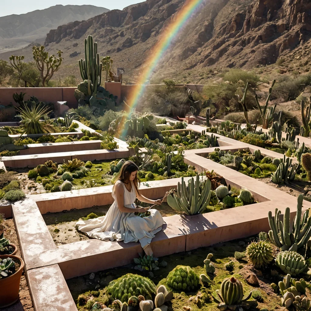 A hyperrealistic, eyelevel wide shot of a sprawling, sundrenched rooftop garden constructed entirely from interlocking hexagonal panels of polished terracotta and vibrant green moss, situated atop a brutalist concrete structure in a highaltitude desert city. The garden features a central, spiraling fountain that ejects a fine mist of sparkling mineral water, catching the harsh midday sunlight to create prismatic rainbows that dance across the dry, arid landscape below. In the foreground, a young woman wearing a flowing, lightweight dress made of breathable, offwhite linen fabric sits on a low, stone bench, carefully pruning a cluster of exotic, succulent cacti with small, silverhandled shears. Surrounding her are rows of