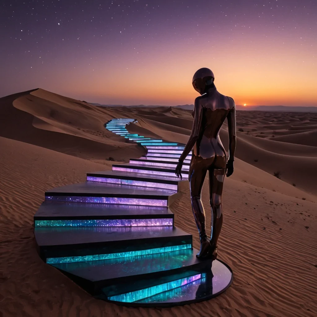 A horizontal, lowangle wide shot of a vast, desertlike landscape composed of undulating dunes of fine, metallic copper filings that shimmer with a warm, rustorange glow under a twinsun sky. Rising from the center is a colossal, vertical spiral staircase made of translucent, frosted acrylic panels that twist upwards into the hazy atmosphere, with each step illuminated by embedded strips of soft, amber LED light. In the foreground, a figure wearing a sleek, formfitting bodysuit made of iridescent, oilslick fabric in shifting shades of deep violet and teal stands on a smooth, polished slab of black basalt, holding a delicate, handheld device that projects a floating, holographic map of the starry night sky