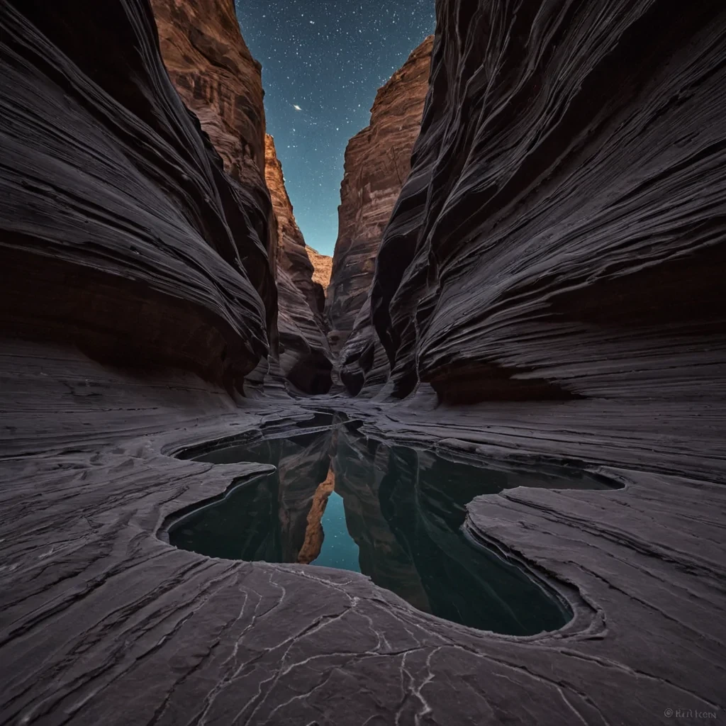 A single, selferoding thread of solidified moonlight, shaped like a twisted, nonNewtonian ribbon of reversed reflection, drifts through the center of a vast, still canyon carved not by water or wind, but by the accumulated weight of unfulfilled dreams from a civilization that measured time in the silence between breaths. The thread does not unravelit undreams, each kink dissolving a layer of aspiration that never coalesced, reforming into ephemeral, bioluminescent cracks shaped like the negative space between two eyes that never met in the same moment of longing. The canyon is not rockit is a layered expanse of petrified potential, each stratum etched with the chromatic