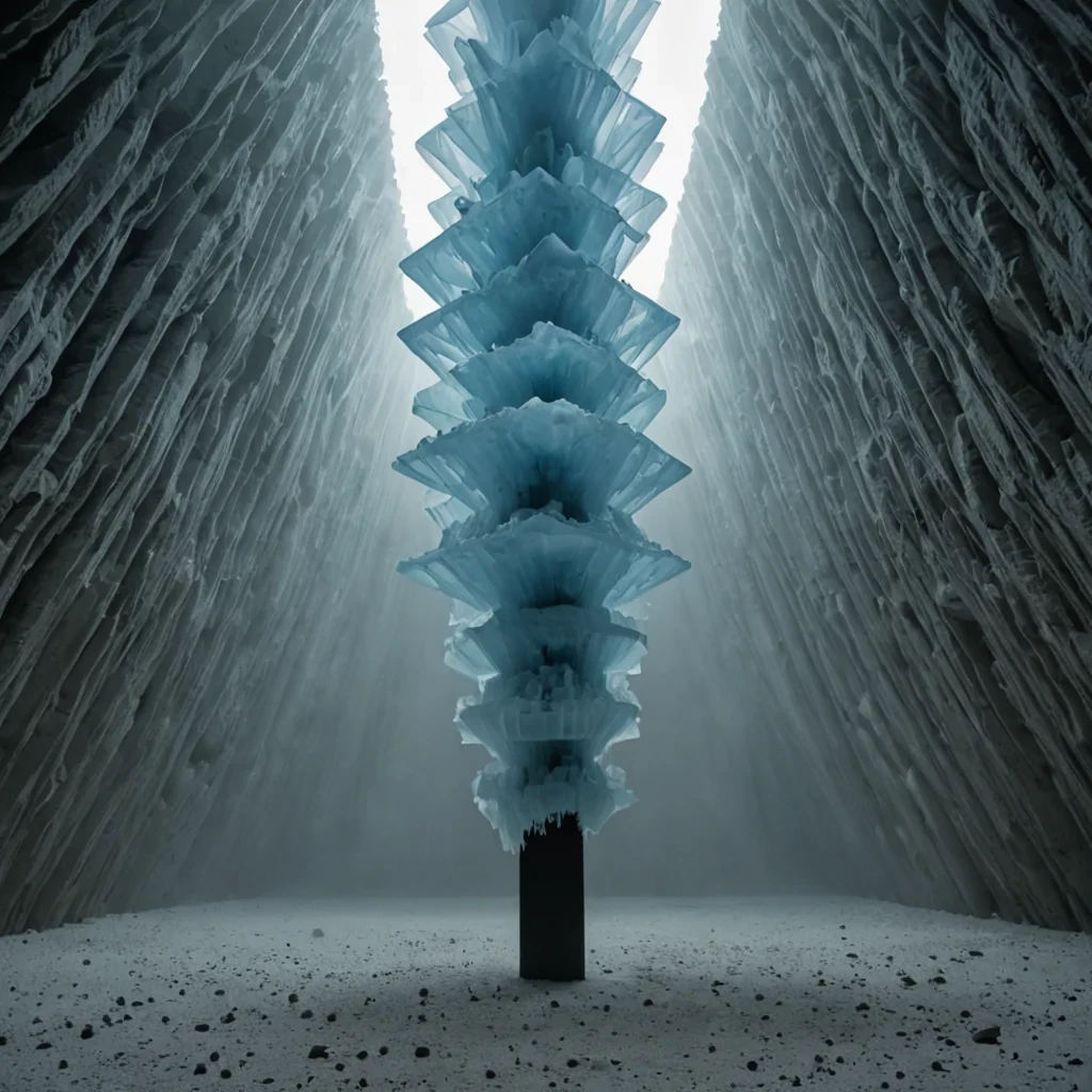 A horizontal, lowangle wide shot of a sprawling, subterranean archive constructed from interlocking, rigid hexagonal plates of translucent, pale blue quartz, suspended within a vast, empty cavern filled with heavy, suspended fog. The quartz plates are not static but are slowly rotating at different speeds, creating a hypnotic, fluid motion that refracts the faint, ambient light into scattered, rainbowlike caustics on the rough, textured limestone floor below. In the center of the formation, a single, massive, vertical column of dense, black liquid ink rises from the floor, defying gravity, and twists into a complex, spiral shape before dissipating into a fine mist at the top. The ink column is embedded with thousands of tiny, frozen