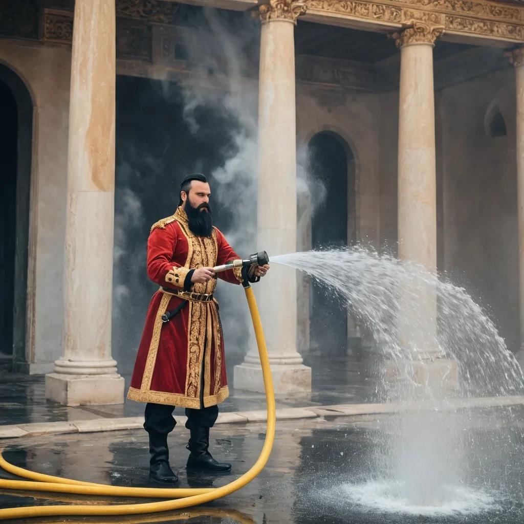 Modern, really handsome king with a close cut black beard is spraying huge amounts of water with a fire hose putting out a fire in the palace.