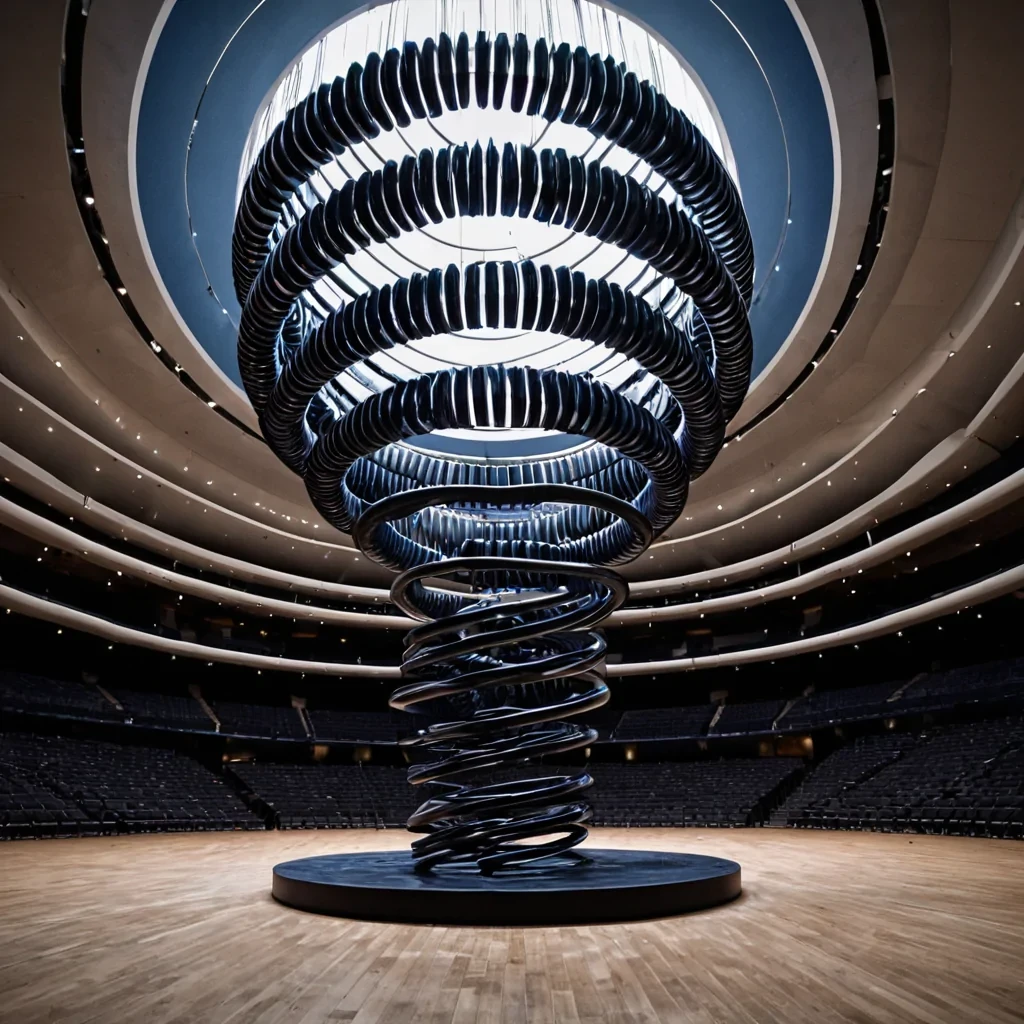 A hyperrealistic, lowangle perspective from the floor of a vast, empty concert hall, looking up at a suspended, intricate kinetic sculpture made of thousands of interlocking, matte black ceramic rings. Each ring is perfectly balanced in midair, connected by nearly invisible, taut threads of silver wire that vibrate with a faint, highpitched hum. The rings are arranged in a complex, helical spiral that ascends toward a high, skylight opening. Through the skylight, a single, thick shaft of cool, blue moonlight pours down, striking the center of the sculpture. Where the light hits, the ceramic rings emit a subtle, phosphorescent glow, turning a deep, electric violet, while the shadows cast on the