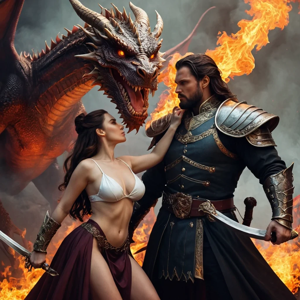 A modern handsome evil king has gotten chubby and grown a little beard with a sword in his hand dressed very nice with beautifully dressed beautiful brunette women with long hair fighting a fire breathing dragon