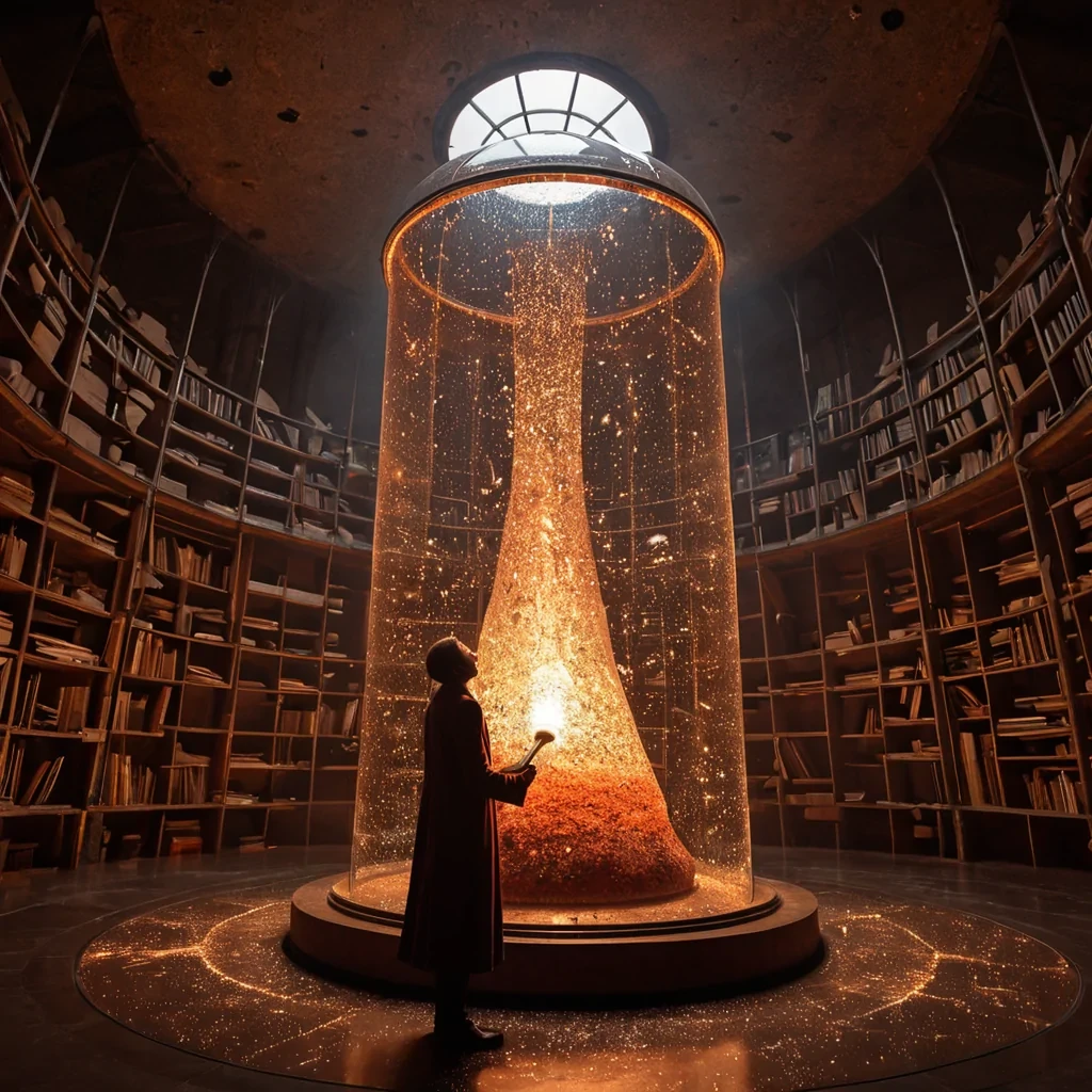 A vertical, eyelevel medium shot of a solitary archivist navigating the interior of a colossal, inverted glass bell jar situated atop a windswept plateau of rustcolored iron ore. The atmosphere inside the jar is thick with swirling, suspended particles of golden dust and static electricity, illuminated by a single, intense beam of sunlight piercing through the curved apex. The floor is covered in deep, plush crimson velvet that absorbs the ambient noise, creating a stark contrast with the sharp, geometric arrangement of floating, translucent data crystals hovering at varying heights. The archivist wears a tailored, highcollared coat made of woven silver fiber that shimmers with every movement, holding a delicate, glowing tuning fork that resonates with the crystalline structures, causing them to