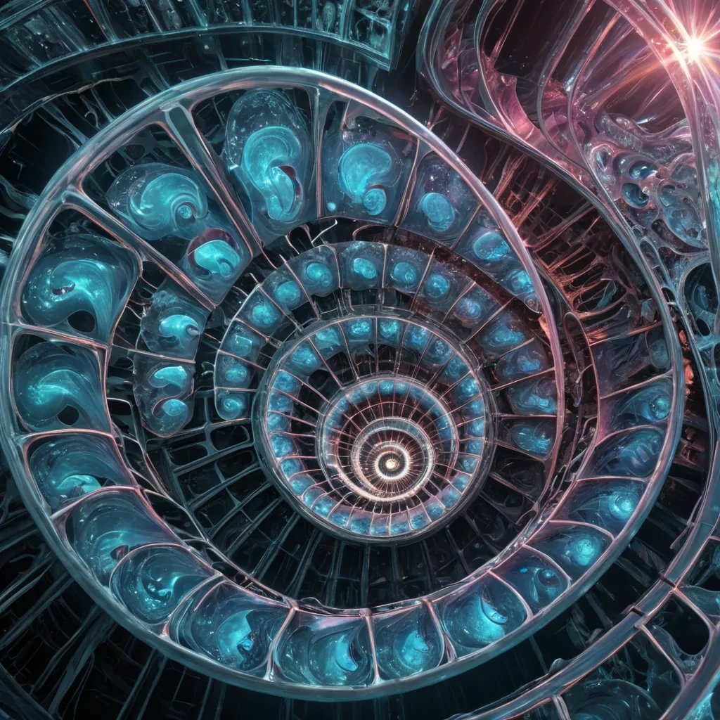 Photorealistic, titanic, crystalline, undulating, nautilus shell megastructure, its hyperrealistic, 4K, translucent, spiral chambers revealing ultra HD glimpses of a bustling, neondrenched, retrofuturistic world within. Volumetric lighting from unseen, pulsating, geothermal cores etches the megastructures ethereal, fractal walls, casting intricate, dynamic, neonswathed shadows on the inverted, reflective void. Cinematic lighting bathes the scene in vibrant, electric hues, with lens flare emphasizing the megastructures central, radiant, throbbing, nautilus heart, pulsating with captive, subterranean, geothermal energy