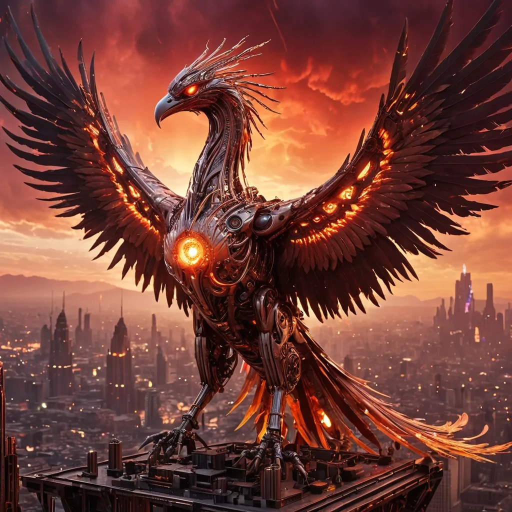 A colossal, ancient, mechanical phoenix, its metallic feathers ablaze with ethereal flames, soars through a stormtossed, crimson sky. Below, a labyrinthine, neonlit cityscape sprawls, its towering, obsidian spires reflecting the phoenixs fiery glow. Rendered in ultra HD, with dynamic lighting, atmospheric effects, and a subtle bokeh effect, evoking a sense of awe and wonder at the mechanical marvels fiery descent into the alien metropolis.