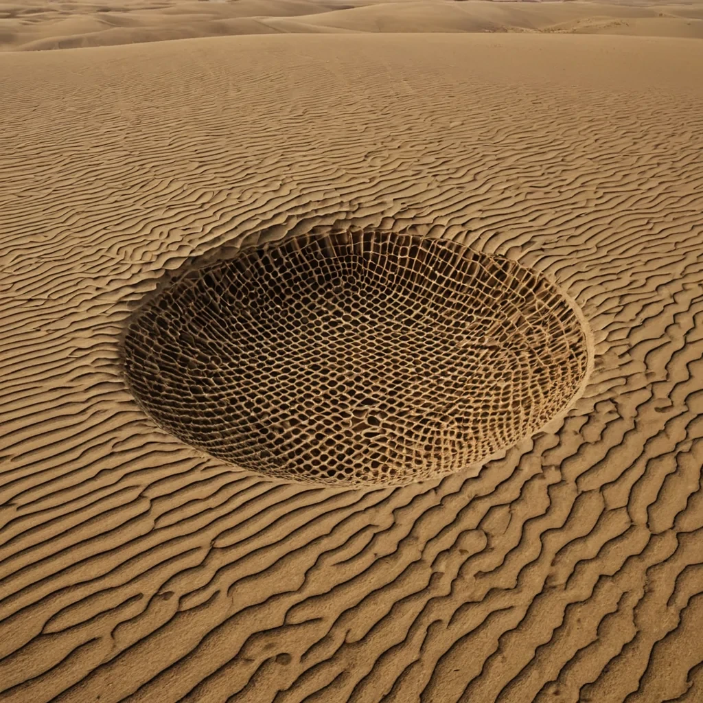 A single, selfoscillating lattice of solidified wind, shaped like a hyperbolic net of reversed atmospheric pressure, pulses at the center of a vast, inverted dune field sculpted from the compressed, unblown breaths of a civilization that communicated through the duration of synchronized, silent exhaling into the void. The lattice does not carry airit unbreathes, each ripple dissolving a layer of turbulence that never coalesced into a shared gust, reforming into ephemeral, citrineveined afterimages shaped like the negative space between two lips that never parted in the same moment of mutual release. The dune field is not geologicalit is a layered expanse of petrified exhalation,