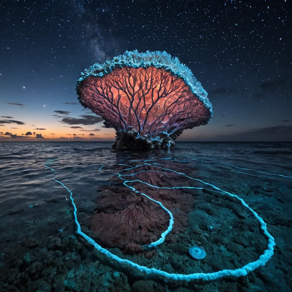 A single, floating archipelago of suspended, crystalline coral reefseach formation not of calcium, but of solidified sound waves from a thousand unrecorded lullabiesdrifts in a sky of liquid twilight. The reefs are not static they pulse with slow, bioluminescent rhythms, their branches extending like frozen music notes into the air, forming invisible chords that resonate with the emotional frequency of every unspoken wish. Between the islands, bridges of woven silence stretch like elastic threads, shimmering with the faint afterimage of breath held too long. At the center of the largest reef sits a hollow, geometric shell made of compressed starlight, its interior not empty but filled with a slowrotating nebula of