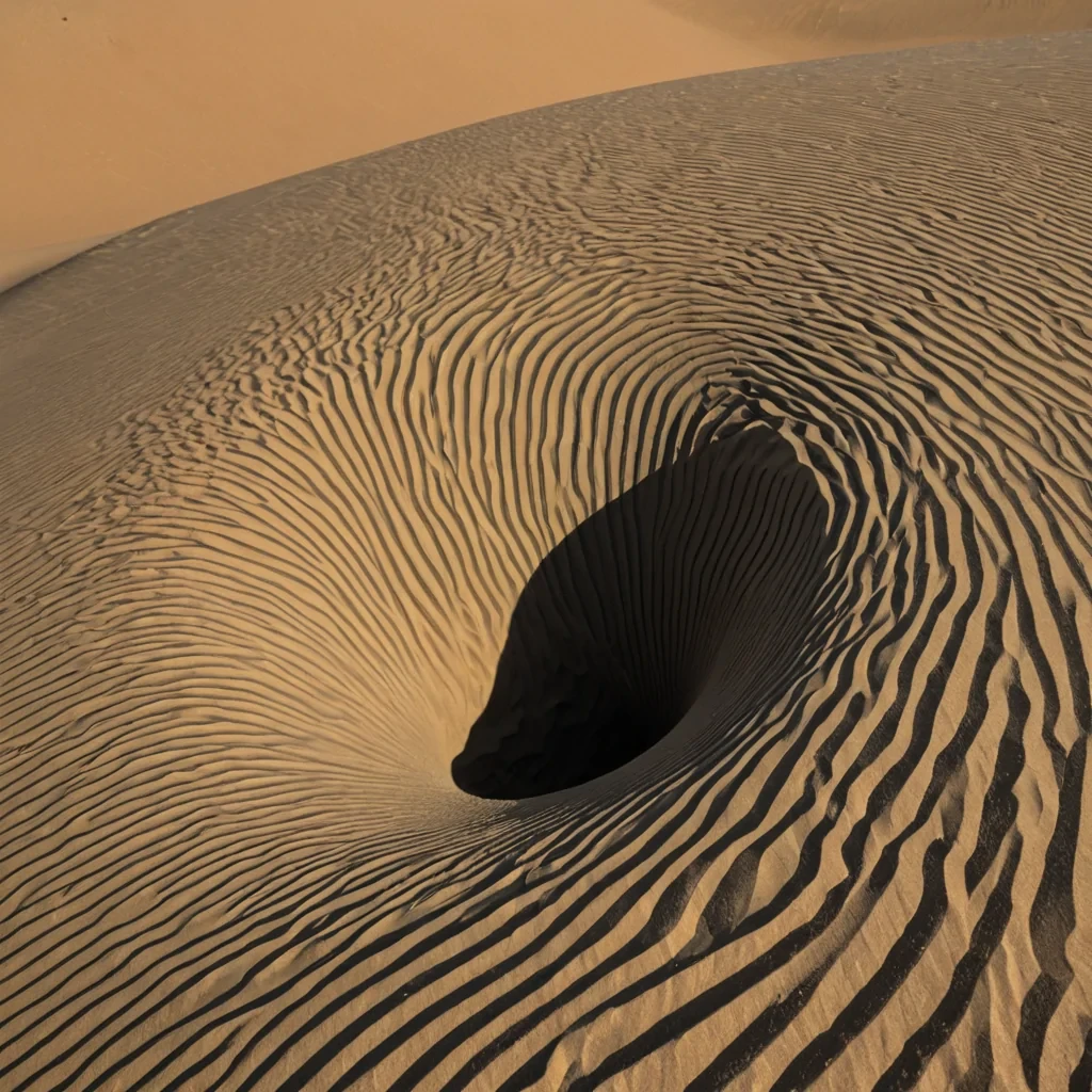 A single, selfoscillating filament of reversed geometry, shaped like a 1029dimensional Mbius strip of unformed space and inverted dimensionality, pulses at the center of a vast, inverted desert of solidified perspectiveeach dune sculpted from the exact moment between a line being drawn and its refusal to extend, a horizon forming and its sudden collapse into nonlinear void, a shadow stretching and dissolving into pure, unmeasured absence. The filament does not defineit undefines, each trembling loop shedding a layer of spatial potential that never coalesced into a shared orientation, reforming into ephemeral, obsidianthreaded afterimages shaped like the negative space between two eyes that never aligned on the same plane