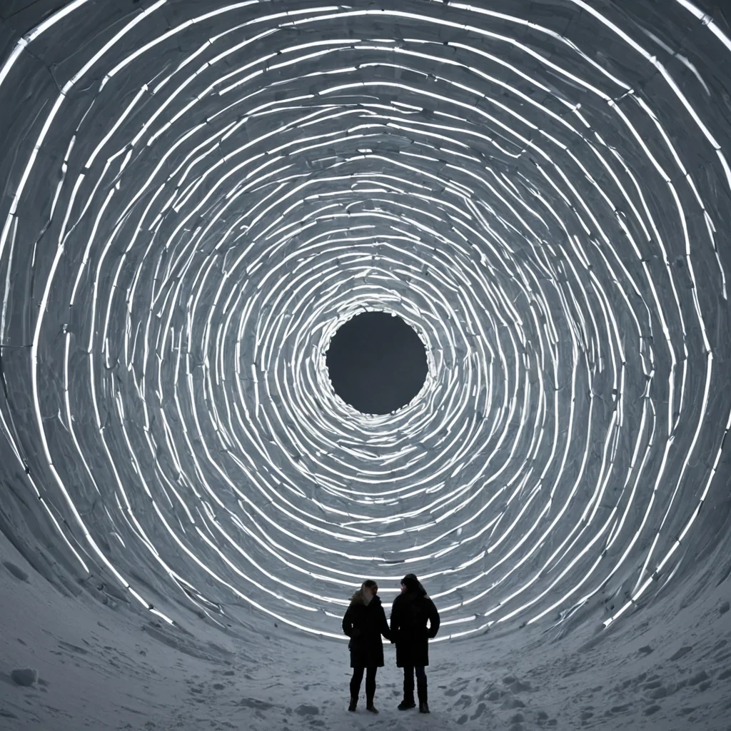 A single, selfsustaining knot of woven light floats in the center of a vast, still chamber made entirely of compressed, unspoken laughter from a civilization that communicated through the vibration of untouched snow. The knot does not tightenit breathes, expanding and contracting with the rhythm of a heartbeat that never existed, each strand made of solidified silence shaped into perfect, spiraling helices that pulse with the faint, iridescent afterimage of a smile that was almost seen. The chamber walls are not stonethey are layers of frozen breaths from a thousand unshared jokes, each stratum etched with the negative space between two people who never met, their edges shimmering with the subsonic resonance of a chuckle that echoed in