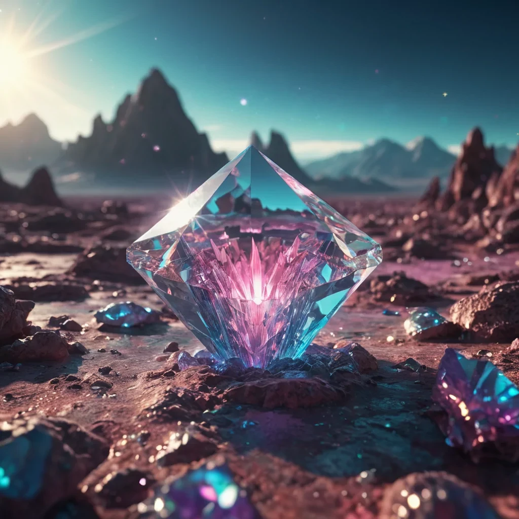 A sentient, levitating crystal formation floats above a vast, alien landscape, its facets reflecting a kaleidoscope of colors from an unseen sun, hyperrealistic, 8K, cinematic lighting, volumetric lighting, atmospheric effects, dynamic lighting, bokeh effect, soft focus, lens flare, neon pinks, electric blues, and shimmering golds, detailed textures.