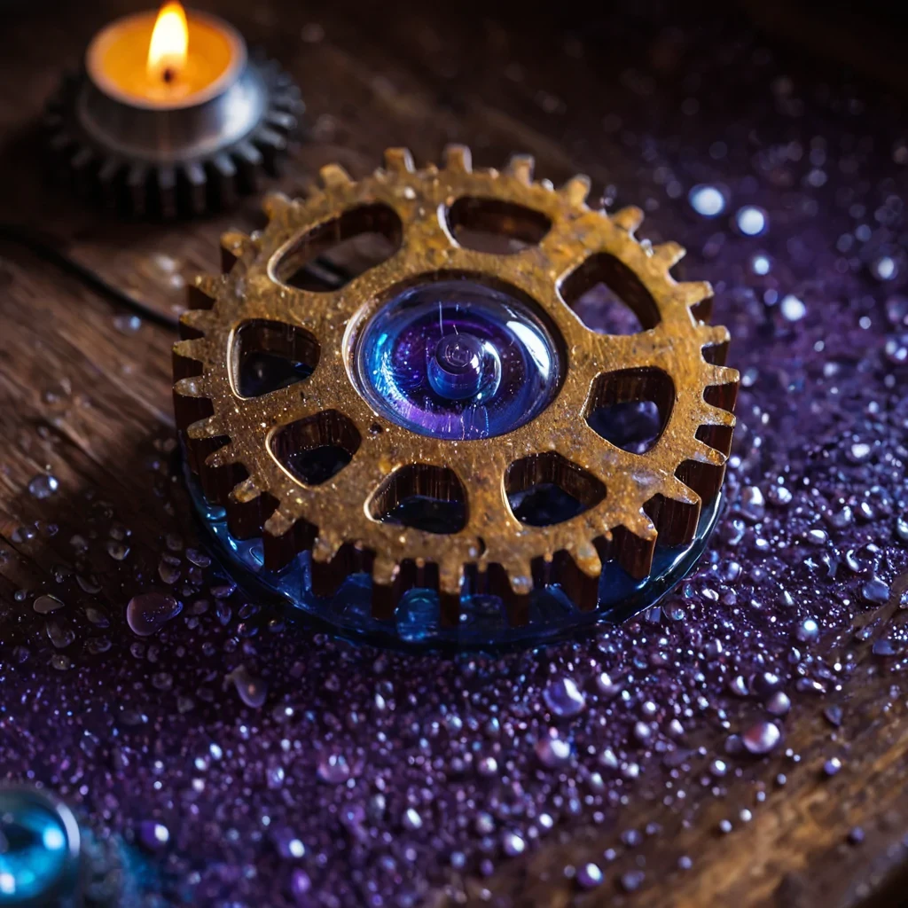 A macro, extreme closeup photograph of a singular, intricate gear mechanism made of translucent, ambercolored resin and fine, polished platinum teeth, resting on a bed of crushed, iridescent motherofpearl powder. The gear is partially submerged in a shallow pool of thick, viscous, electric blue honey that clings to the metal teeth in glossy, distorted strands. Surrounding the central gear are dozens of tiny, spherical droplets of clear water, each containing a miniature, suspended galaxy of stardust in hues of violet and gold, frozen in time. The background is a soft, outoffocus blur of warm, candlelit wooden textures, creating a cozy, antique atmosphere. The lighting is dramatic and warm, casting long,