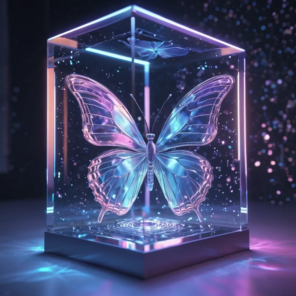 Hyperrealistic neon butterflies with reflective metallic wings fluttering in a cubic sapphire chamber filled with swirling quantum mist, holographic threads floating in volumetric lighting, soft focus, pastel tones, 4K