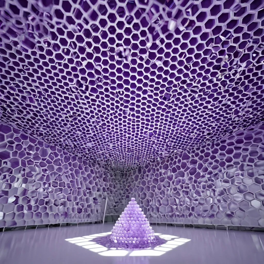 A hyperrealistic, wideangle shot of a vast, sterile laboratory floor made of seamless, matte white composite, covered in a single, sprawling, intricate arrangement of dried, translucent honeycomb structures that have been preserved in a state of perfect, geometric symmetry. The honeycomb is not yellow, but a deep, resonant, ultraviolet violet, glowing with a soft, internal pulse that casts long, sharp, prismatic shadows across the pristine white surface. Suspended in the air above the honeycomb is a swarm of thousands of tiny, perfect, spherical beads of liquid mercury, each one reflecting the violet light and creating a dazzling, shimmering canopy of metallic spheres. The beads are arranged in a complex, threedimensional lattice that mirrors the hex