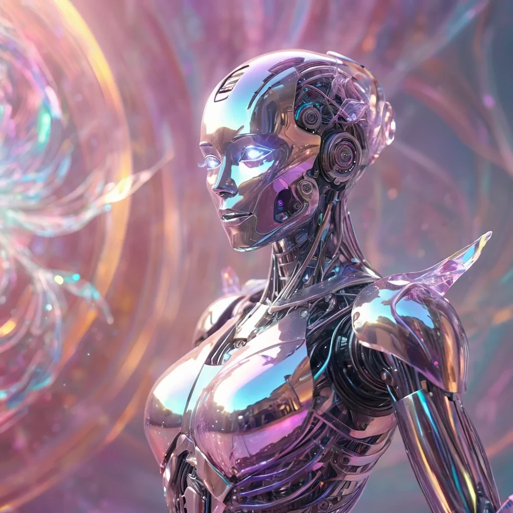 Hyperrealistic portrait of a glowing, crystalline robot with intricate, shimmering facets, set against a swirling vortex of pastel hues, dynamic lighting with volumetric beams, soft focus on its delicate, metallic tendrils, vibrant colors, 4K resolution, lens flare dancing around its ethereal form.