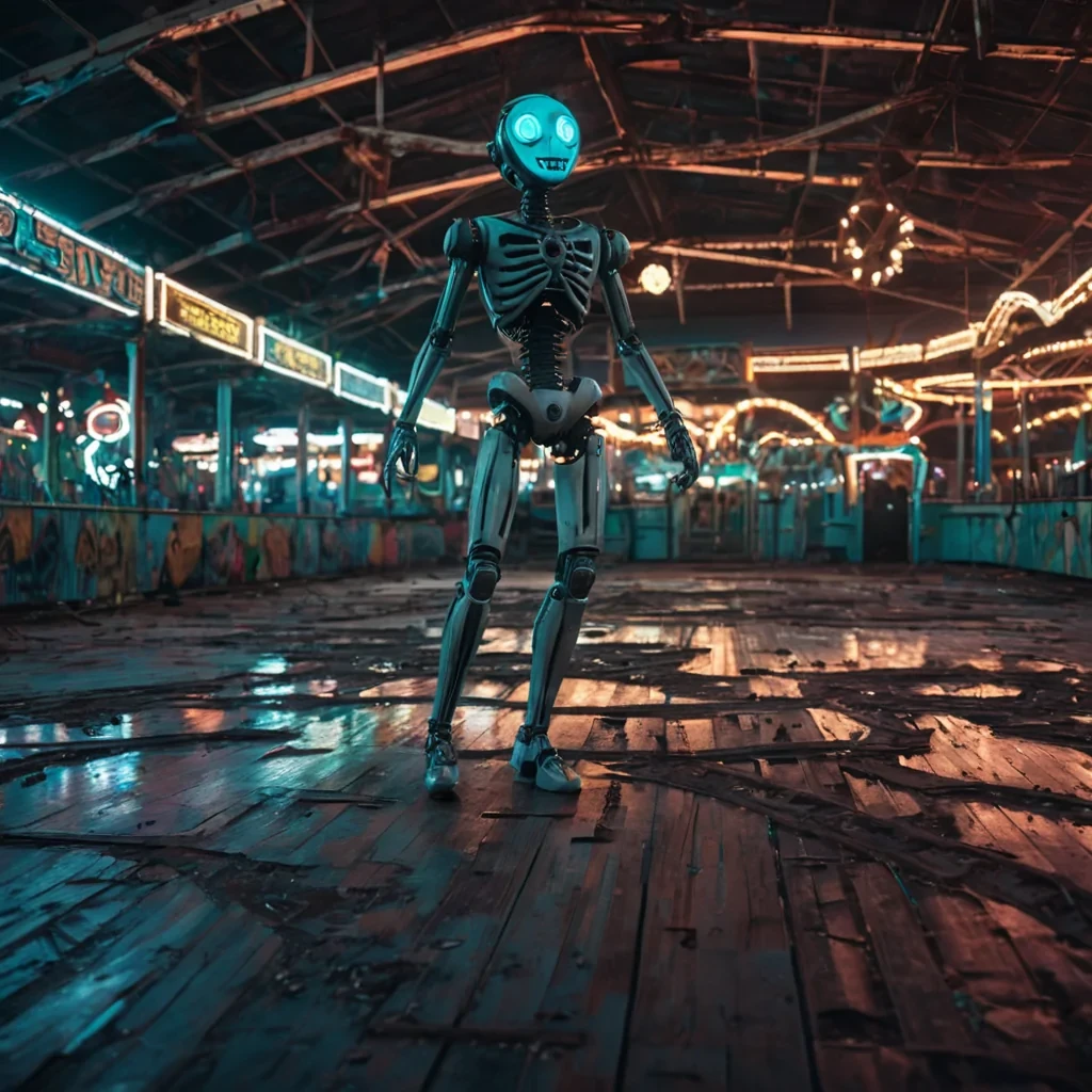 A vast, abandoned amusement park filled with mechanical, decaying attractions, where a lone, bioluminescent, humanoid figure dances alone on a cracked, neonlit dance floor, hyperrealistic, 4K, cinematic lighting, volumetric lighting, atmospheric effects, dynamic lighting, bokeh effect, soft focus, lens flare, pastel tones, detailed textures.