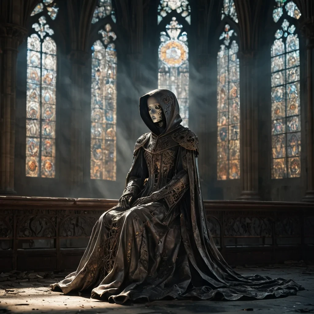 Photorealistic, Ultra HD portrait of a melancholic, sentient automaton, its metallic body adorned with intricate, tarnished filigree, sitting alone in a vast, abandoned cathedral, surrounded by towering, gothic arches and faded, stainedglass windows, with cinematic lighting casting dramatic shadows and emphasizing the intricate, steampunkinspired design, and a subtle, cool bokeh effect creating a sense of isolation and melancholy, as a lone, spectral comet streaks across the night sky, its glowing tail leaving a trail of stardust in its wake, while a spectral, ethereal figure, cloaked in a tattered, hooded robe, stands silently at the edge of