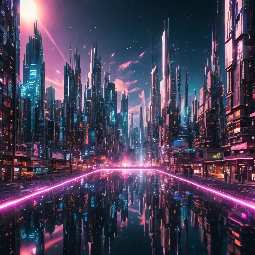 A levitating, neonlit city where buildings morph like liquid metal, reflecting the kaleidoscopic hues of a binary star system, hyperrealistic, ultra HD, cinematic lighting, volumetric lighting, atmospheric effects, lens flare, vibrant colors, detailed textures.