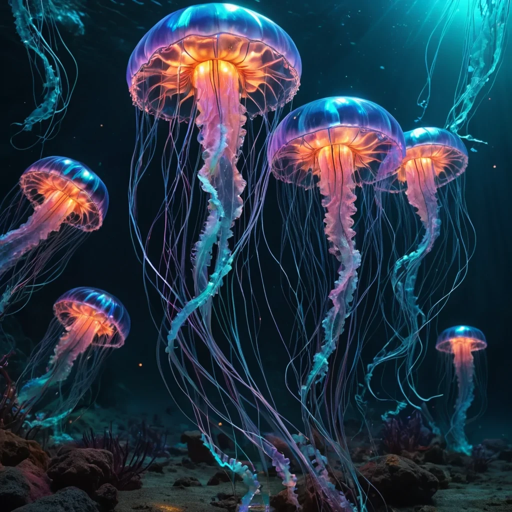 Photorealistic, Ultra HD, colossal, undulating, sentient, neonlit, cybernetic swarm of iridescent, bioluminescent jellyfish, their intricate, detailed metallic bells pulsating with vibrant, ethereal colors, dance gracefully in a cinematic, weightless, zerogravity, ultraHD, neonlit, underwater alien landscape. Volumetric lighting accentuates the swarms dynamic, otherworldly formations, casting dynamic, otherworldly shadows, while atmospheric effects create a mesmerizing dance of holographic, ethereal nanobots. The jellyfish reflective, holographic eyes capture the landscapes vibrant, neonlit lighting, revealing a mesmerizing,