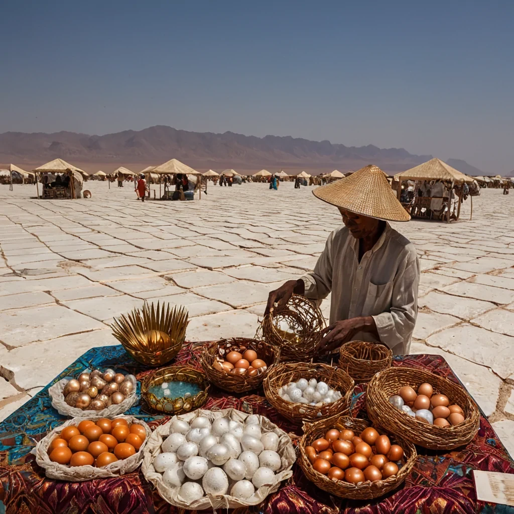 A horizontal, eyelevel wide shot of a vibrant, sundrenched openair market floating on the surface of a viscous, iridescent oil slick in a vast, geometric salt desert. The stalls are constructed from towering stacks of translucent, amberhued resin blocks and polished brass scaffolding, displaying an array of exotic, bulbous fruits and shimmering silk fabrics that ripple in the hot wind. In the center, a vendor with skin the color of burnt sienna and wearing a widebrimmed hat made of woven palm fronds carefully arranges a basket of glowing, bluetinted eggs on a low table covered in embroidered textiles. The background features a horizon of jagged, white salt crystals reflecting the intense, midday sun