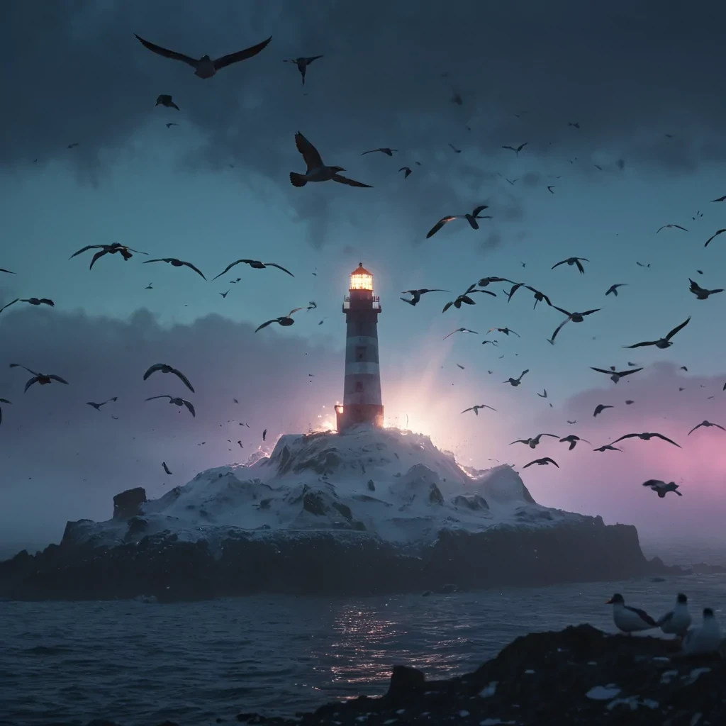 A lone, neonlit lighthouse standing tall on a desolate, mistcovered volcanic island, its beam illuminating a flock of ghostly, translucent seabirds frozen in midflight, hyperrealistic, 4K, cinematic lighting, atmospheric effects, dynamic lighting, bokeh effect, lens flare, vibrant colors, detailed textures.