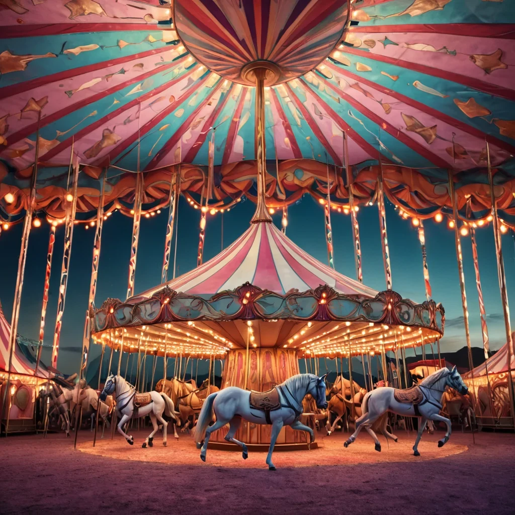 A hyperrealistic, 4K, ultra HD depiction of a vibrant, retrofuturistic circus tent at twilight. The tents whimsical, art deco patterns shimmer in a kaleidoscope of pastel hues, with volumetric lighting from the pulsating, neon signage casting a mesmerizing glow on the diverse, vintagedressed performers. Photorealistic, zerogravity confetti formations drift in a surreal dance above the central, shimmering big top, their gentle movements casting ethereal ripples across the water. In the heart of the circus, a towering, art deco carousel rotates, its horses adorned with intricate, geometric designs that reflect the vibrant colors of the setting sun.