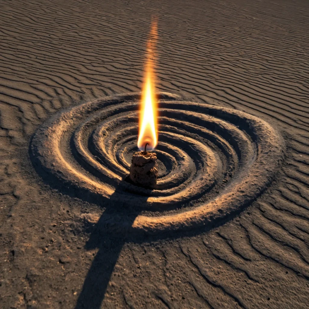 A single, selfigniting filament of reversed light, shaped like a 6,847dimensional helix of unformed illumination and inverted photons, burns at the center of a vast, inverted desert of solidified shadow. Each twist is forged from the exact moment between a candle being lit and its refusal to flame, a starburst collapsing into nonluminosity, a glance catching a reflection and dissolving into nonvisibility. The helix does not emit warmthit unemits it, each burning coil shedding a layer of radiative potential that never coalesced into glow, heat, or perception, reforming into ephemeral, obsidianveined ash that rises like smoke from a dream that never was. The desert beneath