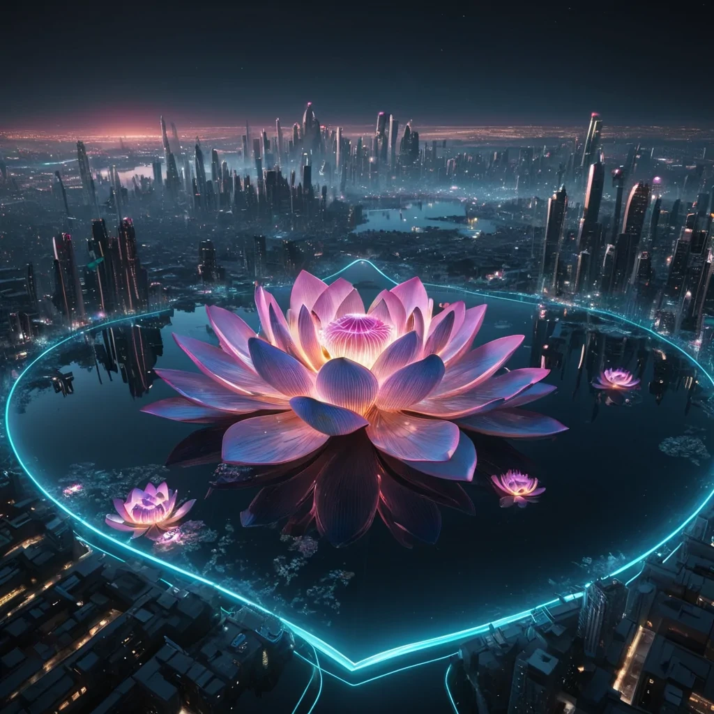 Photorealistic, colossal, undulating, opalescent, lotus metropolis, its hyperrealistic, 4K, petallike structures unfurling ultra HD, bioluminescent, zerogravity ecosystems. Volumetric lighting from unseen, pulsating, bioluminescent hearts etches the citys ethereal, organic architecture, casting intricate, dynamic, neon shadows on the inverted, reflective void. Cinematic lighting bathes the scene in vibrant, otherworldly hues, with lens flare emphasizing the citys central, radiant, throbbing, crystalline heart, pulsating with captive, alien, bioluminescent energy.