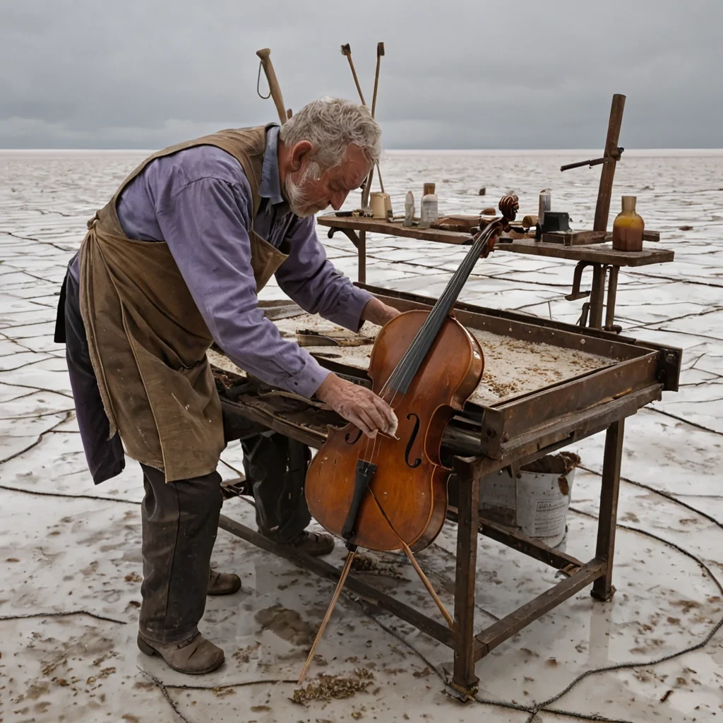 A horizontal, eyelevel medium shot of a solitary luthiers workshop perched atop a drifting, rusted iron barge in the middle of a calm, glassy salt flat under a pale, overcast sky. The workspace is defined by a weathered, peeling white wooden table cluttered with sprays of golden varnish, scattered sprigs of dried lavender, and tools with handles worn smooth by decades of use. In the center, an elderly craftsman with deep lines on his face and wearing a canvas apron stained with amber resin carefully sands the curved body of a cello with a strip of finegrit sandpaper, sending a fine mist of wood dust dancing in a single, dramatic shaft of cool, diffused sunlight