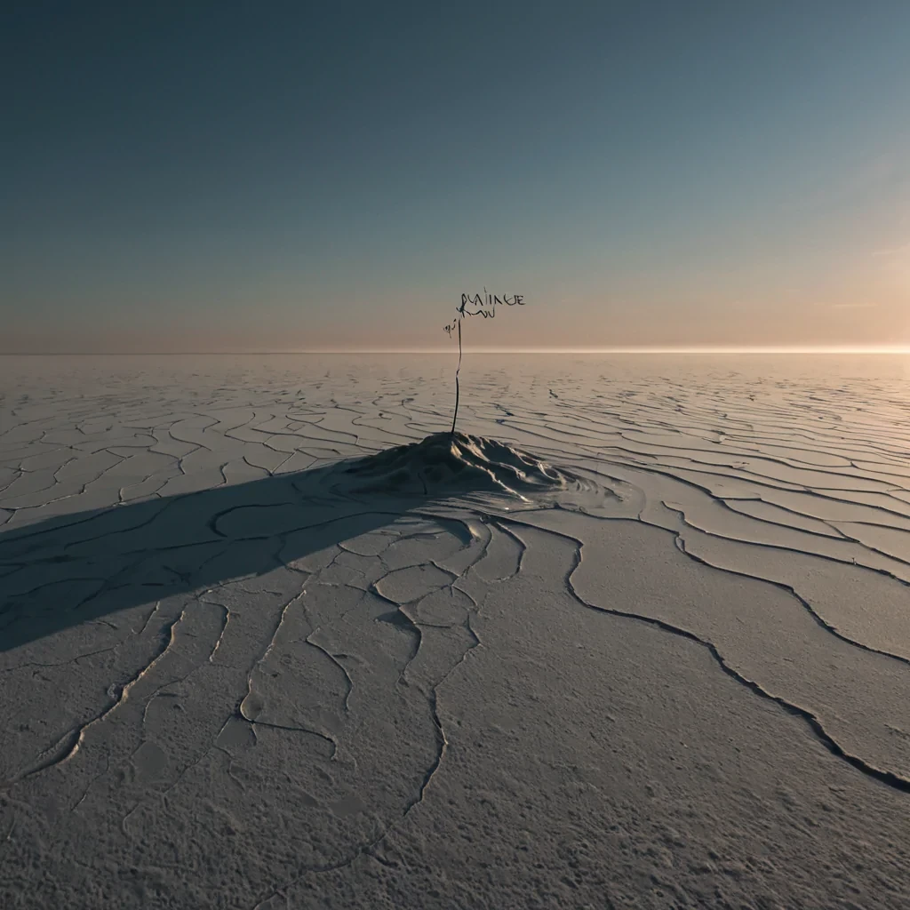 A single, floating island of compressed silence and solidified breath hovers in the middle of a vast, inverted sky of liquid shadow, its surface not flat but undulating like a frozen sigh, each ripple etched with the faint, ghostly script of a promise whispered into the wind. The island is not made of earthit is a dense, amorphous mass of solidified potential, shaped by the collective weight of decisions never made, its edges glowing faintly with the emotional residue of a handshake that never happened. Above, the sky is not blueit is a deep, iridescent black, rippling with the afterimage of a sunrise that never occurred, its surface cracked in organic patterns that reflect not the ground, but the shape