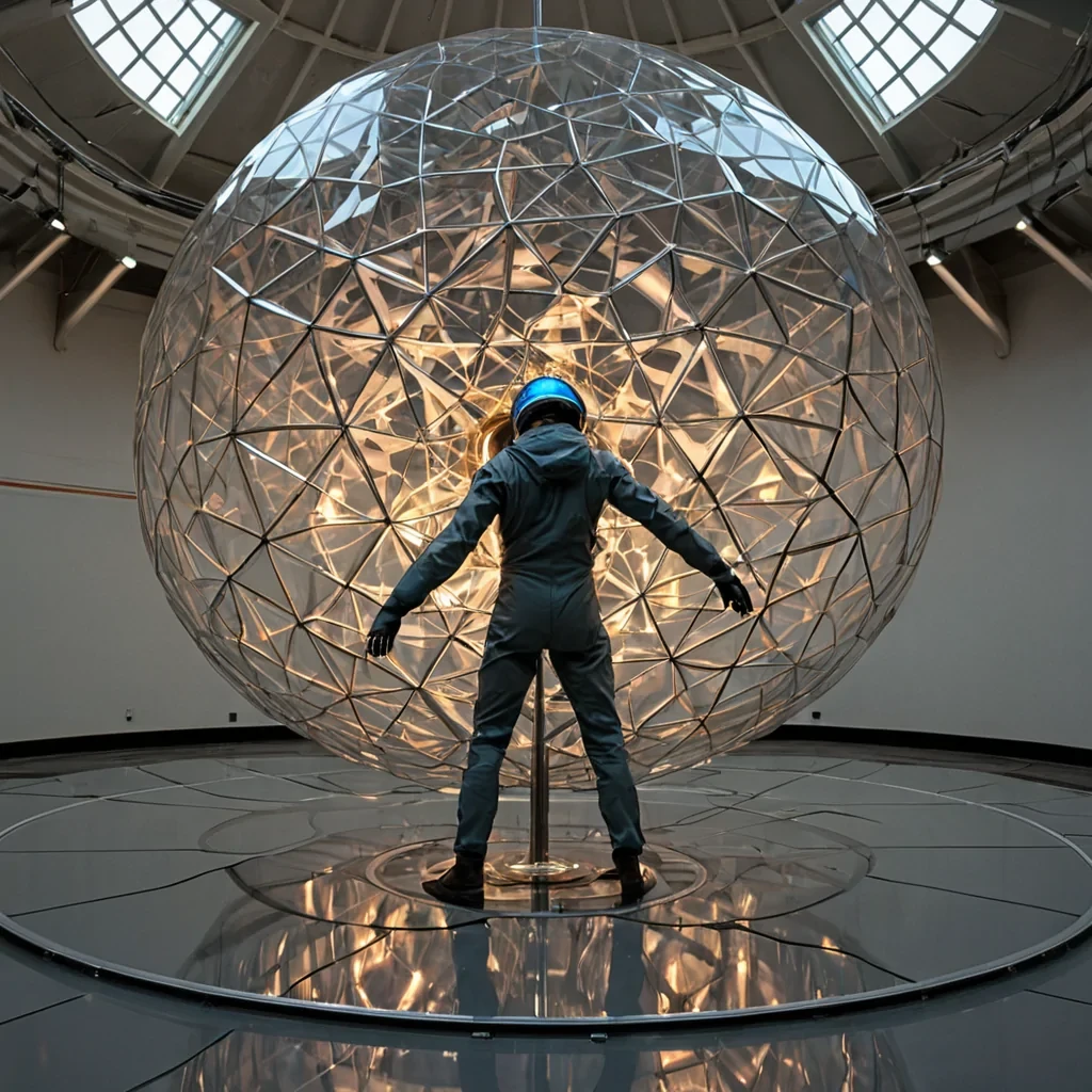 A horizontal, eyelevel medium shot of a kinetic sculpture garden suspended within the hollowedout interior of a colossal, translucent geodesic dome made of frosted ballistic glass. The floor is a polished, mirrorfinish sheet of dark titanium, reflecting the intricate assembly of hundreds of interlocking, floating bronze gyroscopes that spin at varying speeds. Each gyroscope emits a faint, warm amber glow from its central axis, casting dynamic, shifting shadow patterns on the reflective floor. In the center, a solitary figure wearing a streamlined, mattegray maintenance suit with a glowing blue visor floats gently in the center, adjusting a delicate, golden tuning fork that resonates with the mechanical rhythm. The lighting is soft and directional, highlighting the microtextures of