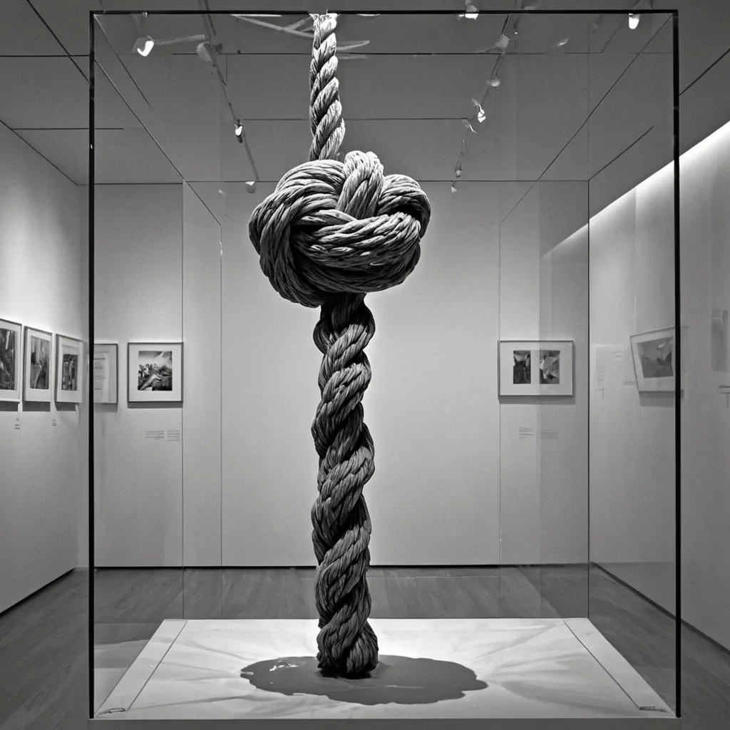 A single, selfreplicating knot of reversed memory, shaped like a 7,312dimensional braid of unformed recollection and inverted nostalgia, floats at the center of a vast, inverted museum of solidified forgetting  each exhibit case carved from the exact moment between a name being spoken and its refusal to be remembered, a photograph fading into nonvisual silence, a scent lingering in the air and dissolving into nonolfactory emptiness. The knot does not preserve the past  it unpreserves it, each unraveling strand shedding a layer of mnemonic potential that never coalesced into conscious recall, reforming into ephemeral, opallaced afterimages shaped like the negative space between two hands that once
