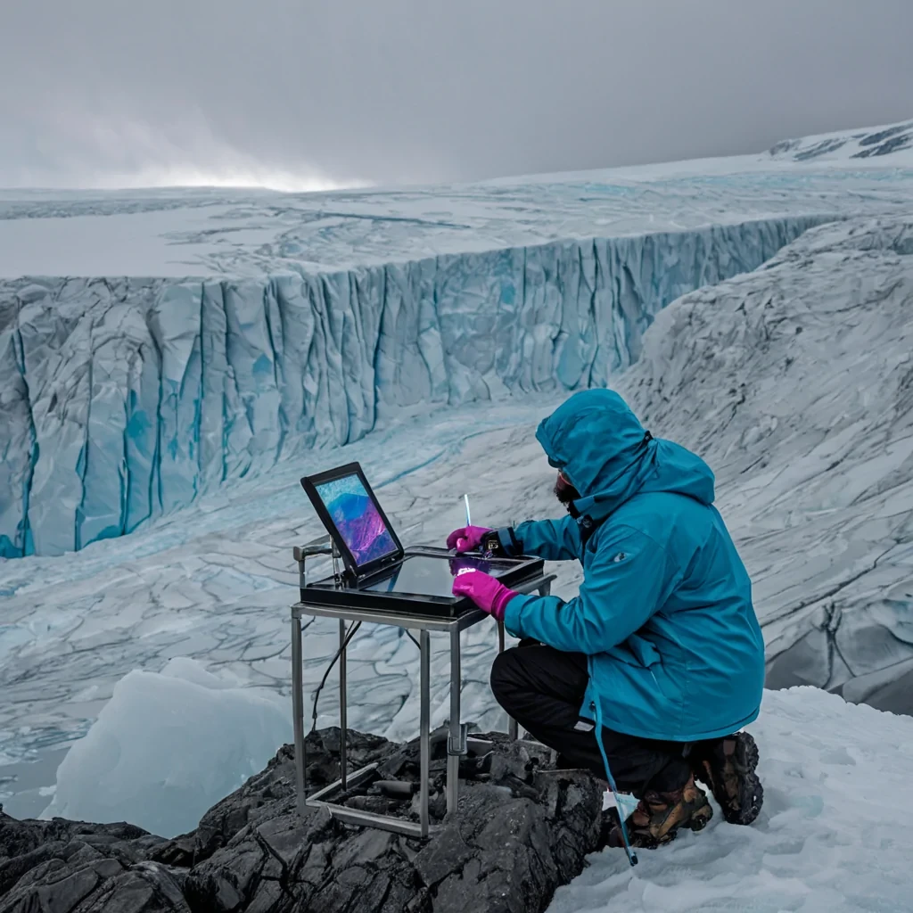 A horizontal, eyelevel medium shot of a compact, mobile cartography station perched on the edge of a sheer, vertical ice cliff in an arctic fjord, where the air is filled with swirling snowdrifts. The station consists of a rugged, mattegrey metal frame supporting a large, curved surface of smartglass that displays a dynamic, holographic topographical map in vivid shades of cyan and magenta. In the center, a geologist wearing a bulky, insulated parka with furlined hood and heavy, insulated mittens uses a stylus with a glowing tip to annotate a shifting tectonic line on the transparent screen. The background reveals a deep, misty blue chasm with jagged ice formations, while the
