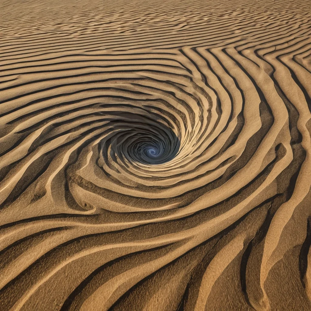 A single, selfigniting thread of reversed potential energy spirals through the core of a floating, inverted desert of solidified wind, its structure not sand or rock but woven from the thermal afterimage of a thousand unblown dunes that never shifted under the gaze of a sun that never rose. The thread does not burnit unburns, each pulse unraveling a moment of kinetic tension into its original stillness, releasing a wave of zeroentropy calm that fractures the fabric of motion into a drifting mist of opalescent, geometric gusts, each one etched with the chromatic echo of a breeze that never whispered across a world that never breathed. The deserts dunes are not shaped by erosionthey are frozen inst