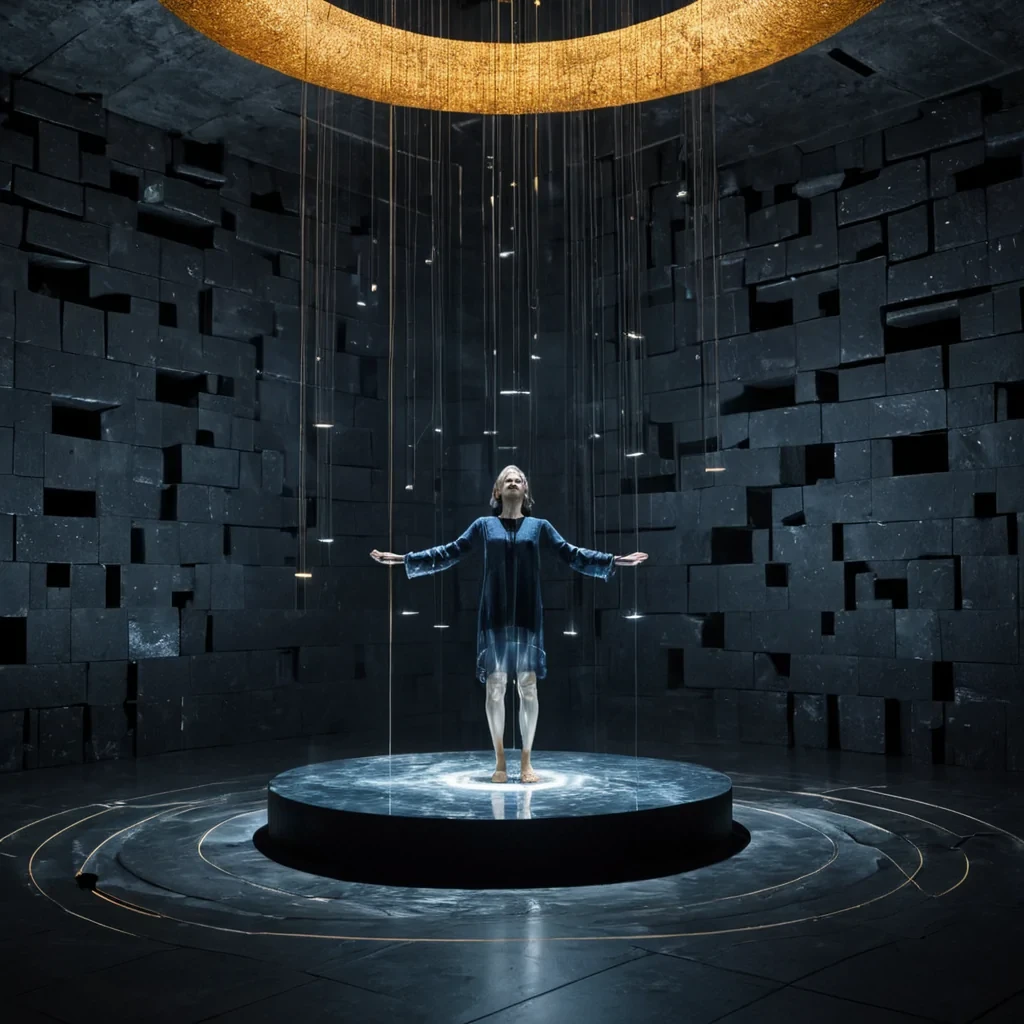 A horizontal, eyelevel medium shot of a minimalist, acoustic resonance chamber constructed from smooth, matteblack basalt blocks suspended in a void of deep indigo mist. The room is defined by a series of concentric, floating rings of polished mercury that ripple with subtle, soundinduced vibrations, reflecting the soft, cool blue ambient light from unseen sources. In the center, a composer with pale, serene features and wearing a highcollared, textured charcoal tunic stands barefoot on a resonant crystal platform, their eyes closed as they conduct an invisible orchestra. Thin, luminous strands of golden light connect their fingertips to floating, geometric instruments made of solidified glass and amber, which hum with a visible, pulsating aura. The air is
