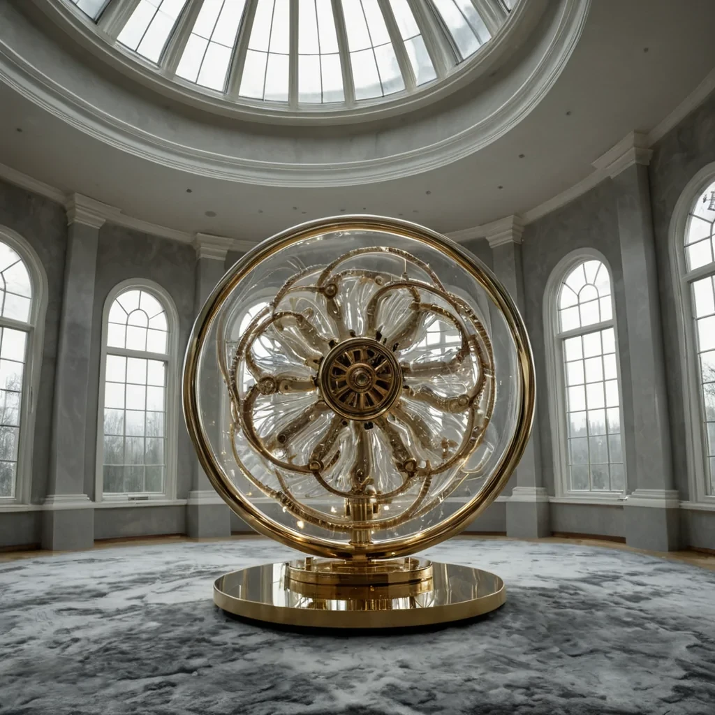 A hyperrealistic, eyelevel medium shot of a serene, indoor conservatory where the air is thick with swirling, golden pollen that catches the light like suspended starlight. The architecture is defined by curved, seamless walls of translucent, frosted alabaster that diffuse the bright, overcast daylight from above into a soft, ethereal glow. In the center of the room stands a massive, intricate kinetic sculpture made entirely of interlocking, polished brass gears and delicate, spunglass filaments, slowly rotating in a mesmerizing, silent dance. The floor is covered in a deep, plush carpet of muted slategray velvet, which absorbs all sound and reflects the warm metallic tones of the sculpture. Scattered around the base of the sculpture are