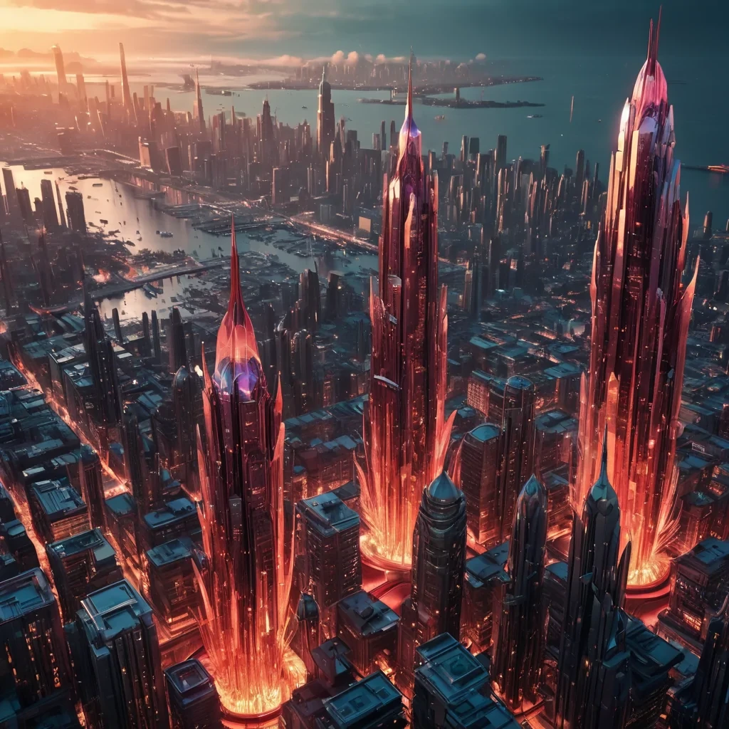 An opalescent, levitating cityscape, a harmonious blend of Art Deco and futuristic architecture, hovers above a vast, undulating sea of crimson, molten glass. Within its transparent, crystalline towers, holographic, bioluminescent flora dances, casting ephemeral shadows on the citys inhabitants sentient, mechanical birds, their metallic feathers reflecting the citys ethereal glow. Rendered in ultra HD, with volumetric lighting, atmospheric effects, and vibrant colors, evoking a sense of awe and wonder at this airborne, otherworldly metropolis.