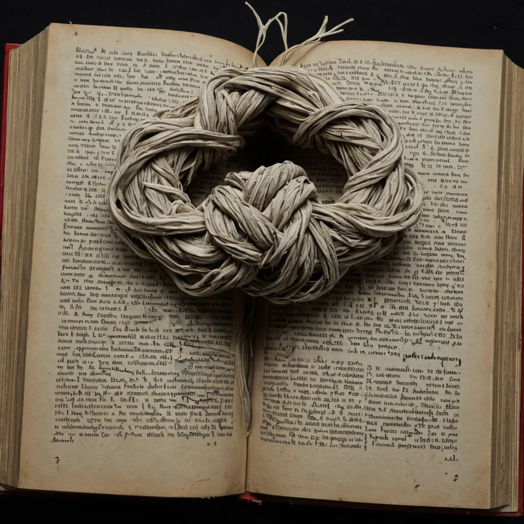 A single, selfilluminating knot of reversed silence, shaped like a 113dimensional tangle of unformed hush and inverted quiet, pulses at the center of a vast, inverted library of solidified soundeach book bound from the petrified instant between a whisper spoken and its refusal to echo, a page turned and its sudden suspension midflip, a story read and its immediate unraveling into blank paper. The knot does not absorbit unabsorbs, each frayed thread shedding a layer of acoustic potential that never coalesced into a shared narrative, reforming into ephemeral, jadeveined afterimages shaped like the negative space between two hands that never held a book, suspended in the breath