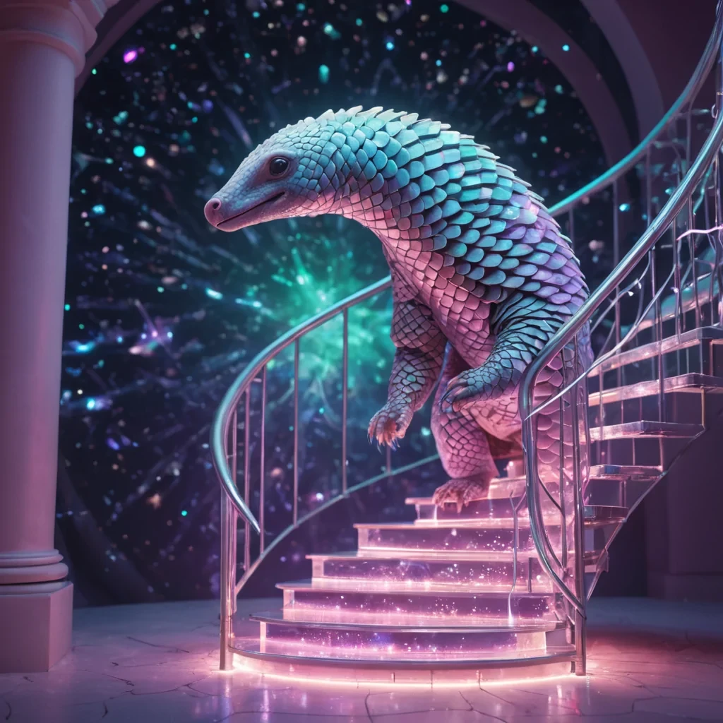 Hyperrealistic neon pangolin with iridescent scales, gracefully curling around a floating, crystalline spiral staircase in a surreal, pasteltoned observatory filled with holographic, glowing constellations, dynamic lighting with volumetric beams, soft focus on its delicate, luminescent body, vibrant colors, 4K resolution, lens flare shimmering around its ethereal form.
