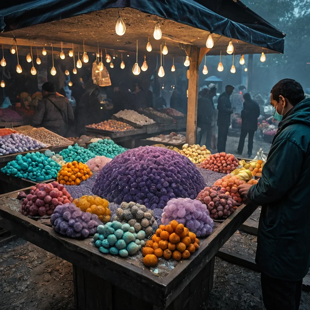 A hyperrealistic, highangle macro shot of a bustling, openair market stall situated on a floating platform of woven, iridescent mycelium fiber, suspended in a dense, misty atmosphere of pale, luminescent spore dust. The stall displays an array of fresh, translucent fruit resembling oversized, faceted amethyst geodes, each fruit hollowed out and filled with a slowly bubbling, viscous fluid of deep, electric teal that emits a soft, rhythmic hum visible as subtle vibrations in the air. The vendor, a figure with smooth, slategray skin and no visible pores, is carefully arranging the fruits on a tray made of polished, dark obsidian, their hands moving with precise, fluid grace. Above