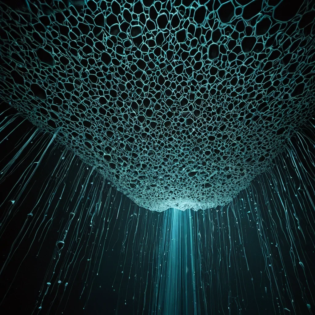 A wideangle, photorealistic shot of a vast, suspended canopy of intricate, translucent fungal networks floating in a dark, voidlike space. The mycelial threads are not organic but crystalline, glowing with a soft, pulsating cyan bioluminescence that creates a complex, weblike lattice of light. Interspersed within the network are dozens of suspended, hexagonal prisms made of polished, smoked quartz, each containing a slowmotion capture of a single water droplet falling, frozen in perfect symmetry. The lighting is dramatic and lowkey, with volumetric beams of cool white light filtering down from an unseen source above, highlighting the intricate textures of the crystal spores and casting long, sharp shadows on the dark, matte