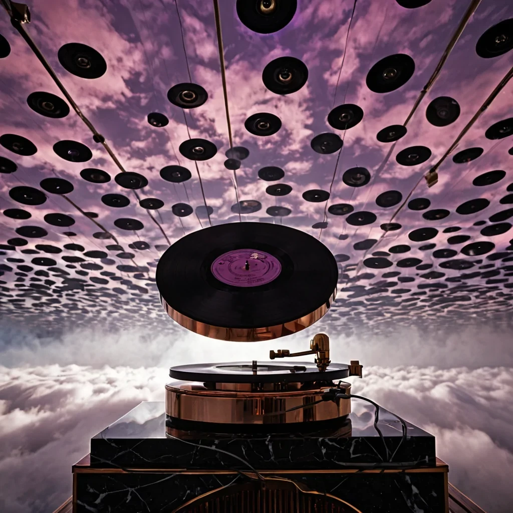 A horizontal, eyelevel wide shot of a silent, expansive archive constructed from millions of suspended, floating vinyl records in a vast, cylindrical chamber made of mirrored chrome and velvetdark acoustic foam. The records hover in dense, organized clouds, catching the light from overhead linear arrays of warm tungsten bulbs that cast long, sharp shadows. In the center, a massive, antique turntable made of polished mahogany and brass sits on a pedestal of black marble, its needle resting on a record that glows with a soft, ethereal violet hue. Surrounding the turntable, delicate strands of copper wire spiral outward like DNA helixes, connecting the floating records to the central machine. The atmosphere is hazy with a fine mist that diffuses the