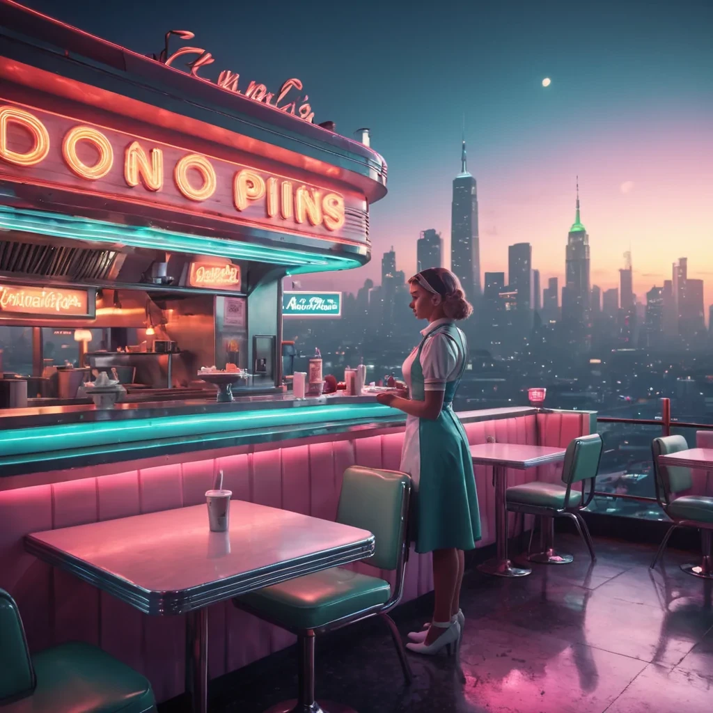 A neonlit, retrofuturistic diner floating above a sprawling, fogcovered cityscape at dusk, with a lone, vintage android waitress serving a table of eccentric, glowing patrons, hyperrealistic, ultra HD, cinematic lighting, volumetric lighting, atmospheric effects, dynamic lighting, bokeh effect, soft focus, lens flare, pastel tones, detailed textures.